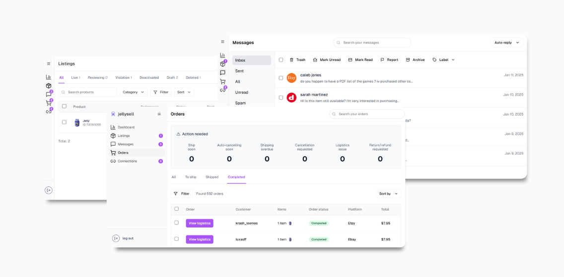JellySell® Comprehensive Dashboard showing listings, messages, orders, and connections management in one unified interface